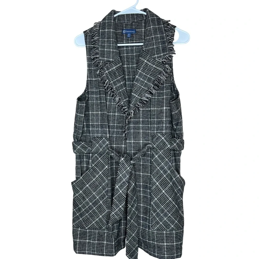 Democracy Womens Plaid Fringe Belted Longline Vest Black White Size M B3341YS5E